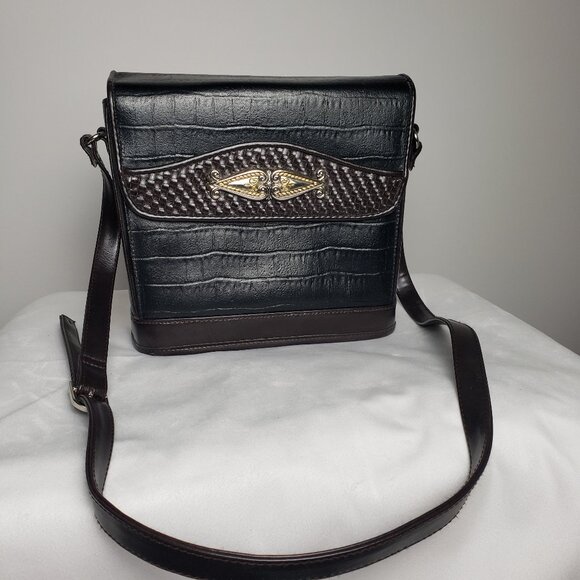 Marlo Leather Bucket Crossbody Handbag Crocodile Embossed Texture Blk/Brn - Picture 1 of 16